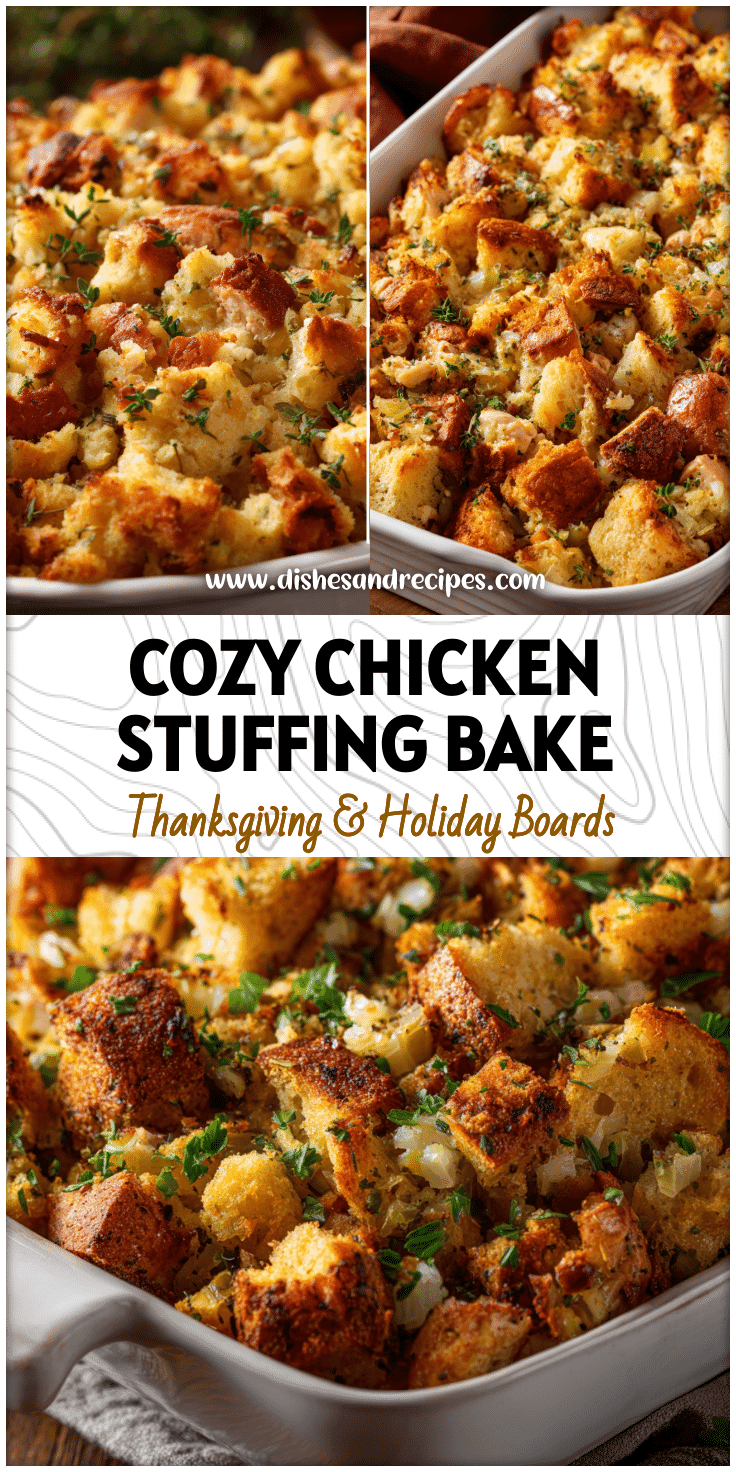 Golden baked chicken with stuffing casserole in a pan, a cozy winter Chicken And Stuffing Dish.